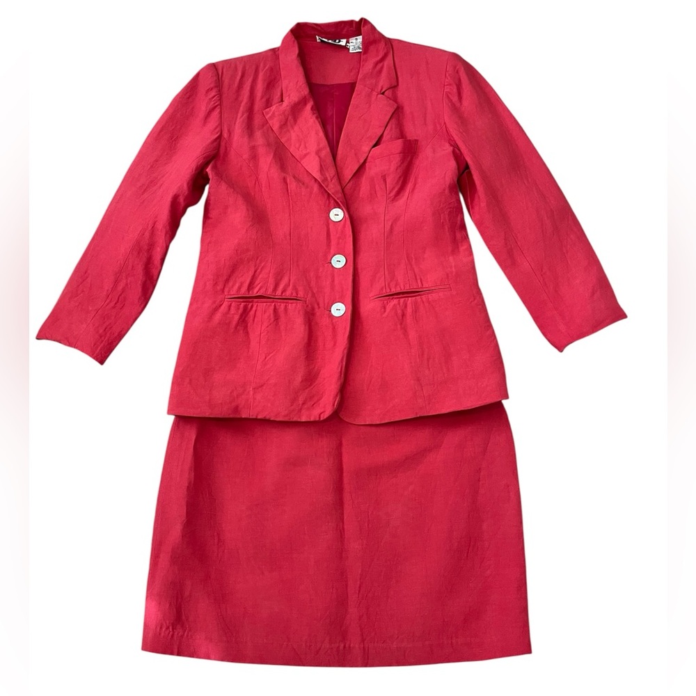 Paul Harris Design Silk & Linen Elegant Red Blazer Skirt Set Size: Small - Picture 2 of 8